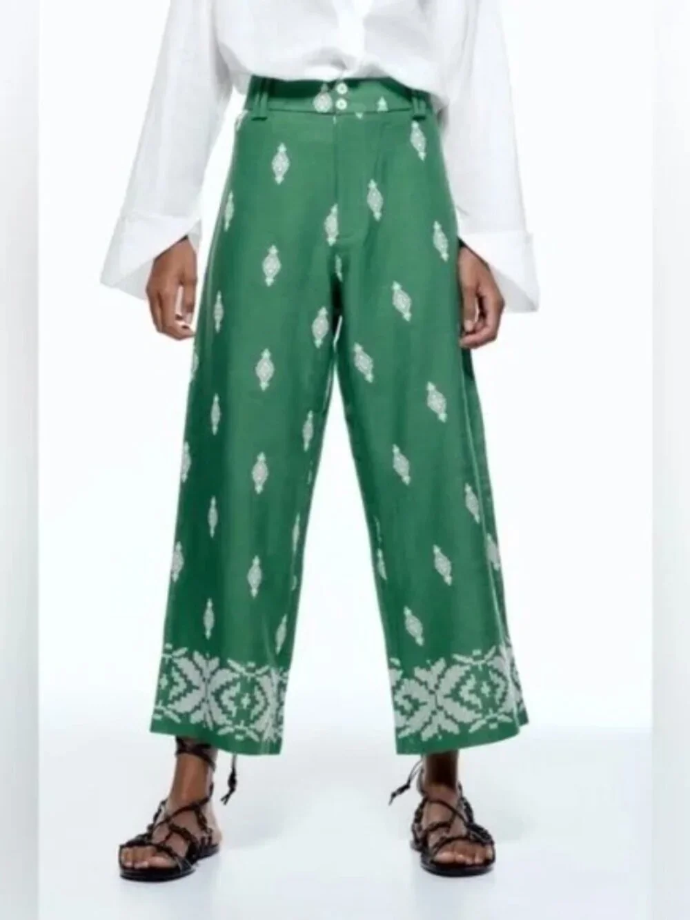 Zara Embroidered Trousers Size Small Green Pants Linen Cropped Wide Leg Coolots
